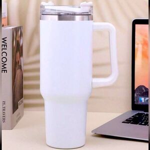 Tumbler White Stainless Steel 40 Oz with Straw Handle Travel Cup Hot Cold Water